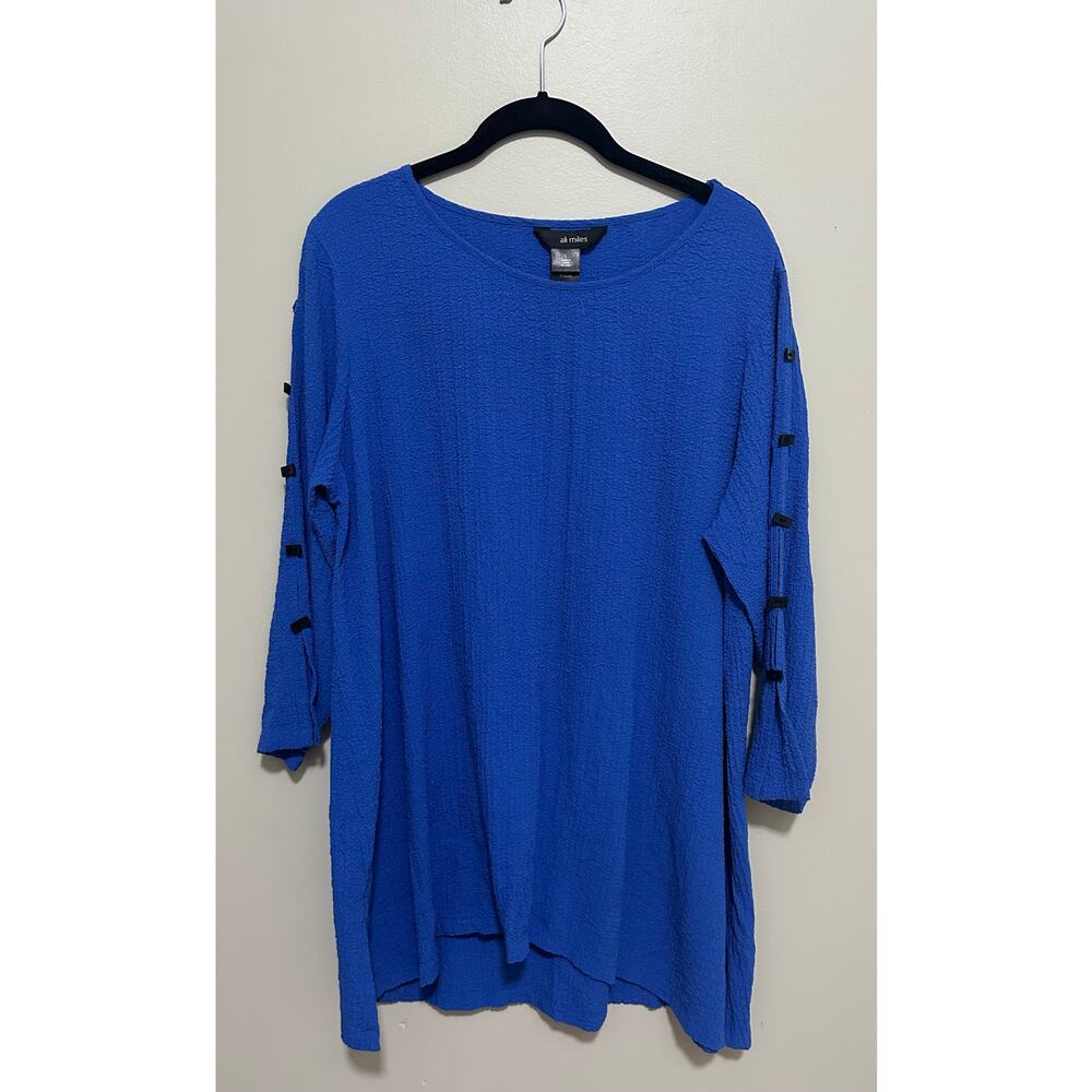 Ali Miles Womens Tunic L Blue Rayon Blend Oversized Button Sleeves Gauzy Artsy